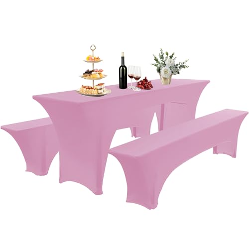 AIMENJOY Elastisch Biertischhussen Bierbank-Auflage & Tischdecke Für 50 cm or 70 cm Table Width 3 TLG-Set Breite Bierzeltgarnitur Stretch Hussen Für Festzeltgarnituren Bierbank Hussen (Rosa -1,70 cm) von AIMENJOY