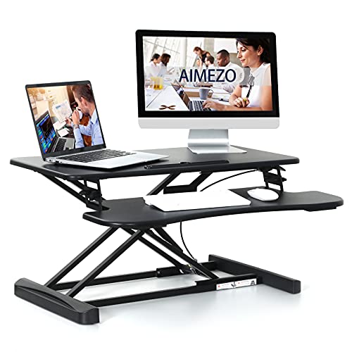 AIMEZO Steh-Sitz Schreibtisch Stehpult Höhenverstellbarer Schreibtischaufsatz Computertisch mit Tastaturablage für Zwei Monitor, 15 kg Kapazitä, Schwarz von AIMEZO