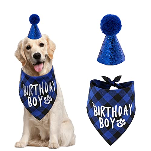 Hund Geburtstag Bandana Hut Schal Set, Hund Geburtstag Party Zubehör, Hunde Bandana Junge Mädchenm Welpe Geburtstags Hut Schal klassisches Kariertes Design für Hunde (Blau) von AIMICOCA