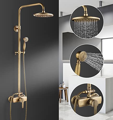 AIMOYO Duschsystem Antik Messing Duscharmatur Set Retro Gold Dusche mit Regendusche Retro Duschset Regendusche Duschsystem mit 8" Regendusche Handbrause Kopf - Höhenverstellbar 70~120cm von AIMOYO