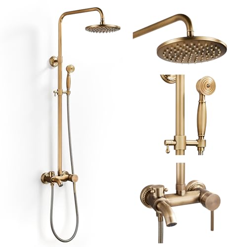 Duschsystem Antik Messing Duschset Retro Glod Duscharmatur Komplettset Regendusche Dusche Duschgarnitur Vintage, Runde Kopfbrause 8'', Handbrause Kopf, Badewanne Auslauf, for Badewanne und Dusche Duschsystem Antik Messing Duschset Retro Glod Duscharmatur Komplettset Regendusche Dusche Duschgarnitur Vintage, Runde Kopfbrause 8'', Handbrause Kopf, Badewanne Auslauf, for Badewanne und Dusche von AIMOYO