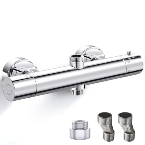 AIMOYO Duscharmatur mit Thermostat, Runden Mischbatterie Dusche mit 2 Auslässen, Verchromt Duschthermostat Ersatzteile, Oben 3/4" BSP + Unten 1/2" BSP, Armatur Dusche mit 38 °C Sicherheitstaste von AIMOYO