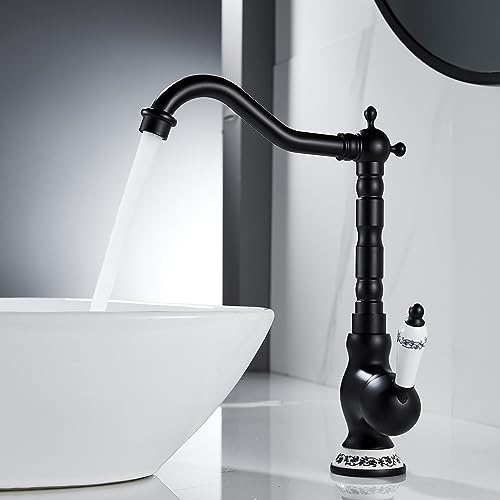 AIMOYO Wasserhahn Bad Schwarz, Hoch Waschtischarmatur Retro mit 360° Drehbarer Auslauf, Einhebelmischer Badezimmer Waschbecken Mischbatterie aus Messing für Badezimmer/Küche, Schwarz Matt, G3/8 von AIMOYO