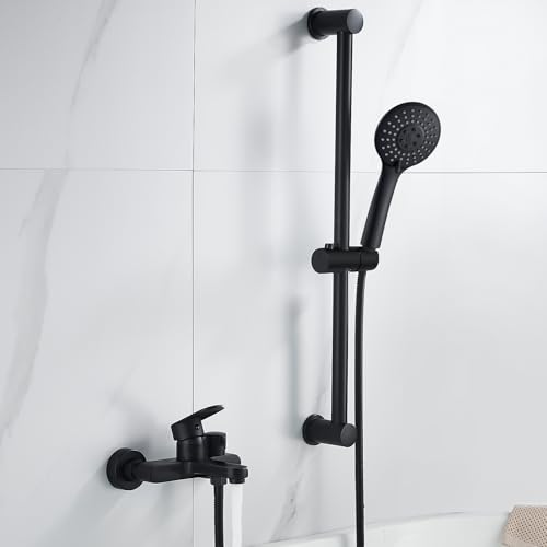 Badewannenarmatur Schwarz Wannenarmatur mit Handbrause Brause Mischbatterie Badewanne Wasserhahn und Brausestange Brauseschlauch, Armatur Badewanne Duschsystem Duscharmatur Set, 5 Strahlarten von AIMOYO