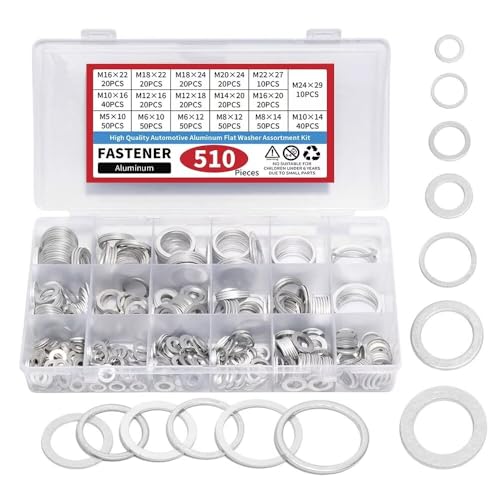 510Stück Automotive Metric Ölablassschraube Dichtung, Crush Washer Set, 17 Größen Aluminium flache Unterlegscheibe Sortiment Kit, M5 M6 M8 M10 M12 M14 M16 M18 M20 M22 M24, sortierte Unterlegscheiben. von AIMUNOK