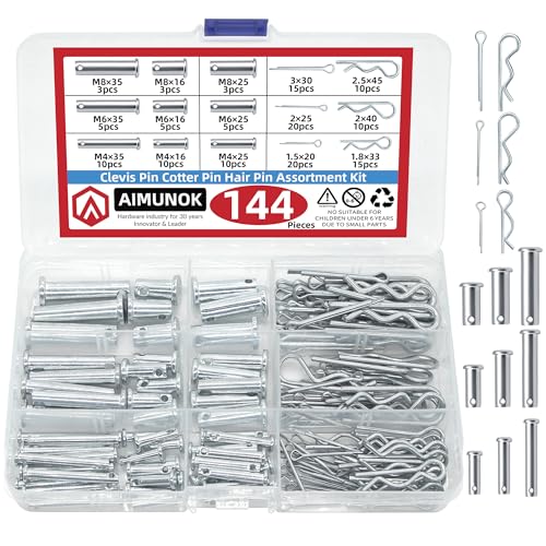 AIMUNOK 144-teiliges Gabelkopf-Pin-Sortiment, 15 Größen, Splinte und R-Clips, verzinkt, Einzelloch, Flachkopf-Gabelkopfstifte AIMUNOK 144-teiliges Gabelkopf-Pin-Sortiment, 15 Größen, Splinte und R-Clips, verzinkt, Einzelloch, Flachkopf-Gabelkopfstifte von AIMUNOK