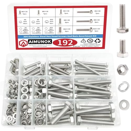 AIMUNOK 192-teiliges Schraubenset M6 M8 M10 - Edelstahl Sechskantschrauben & Muttern Set mit Unterlegscheiben, hochfeste Befestigungselemente für Industrie, Maschinenbau und Heimwerker von AIMUNOK