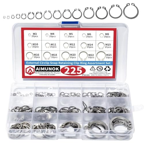 AIMUNOK 225Stück Externe Sicherungsringe Sprengringe Sortiment Kit, 304 Edelstahl Externe C-Clip Set, 15 Größen Circlip Sprengringe M3 - M25... von AIMUNOK