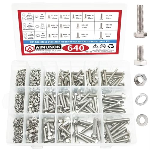 AIMUNOK 640-teilig Edelstahl Schrauben Set 304 M4 M5 M6 mit Muttern Unterlegscheiben für Heimwerker Möbel Maschinen von AIMUNOK