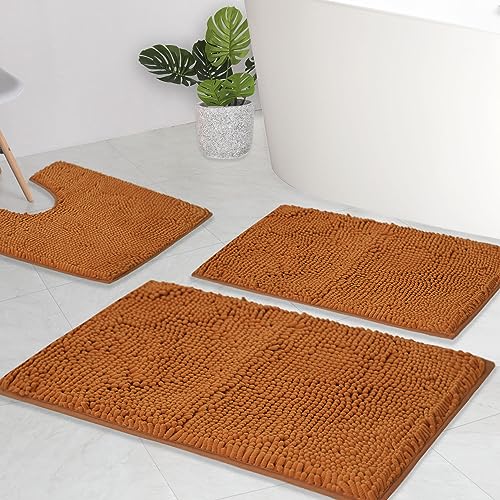 AINAHYVA Badezimmerteppiche, Chenille-Badematte, 3-teiliges Set, super saugfähig, starke PVC, rutschfeste Unterseite, Badematten für Badezimmer, Plüsch, Shaggy, dick, WC, Champagner von AINAHYVA