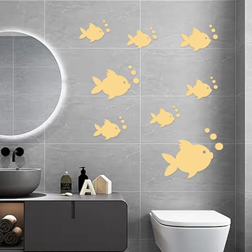 AINIUNIU 3D Acryl Wandaufkleber Fisch und Bubbles Spiegel Aufkleber, Wasserfester, Selbstklebender, Umweltfreundliche Wandaufkleber für Schlafzimmer, Wohnzimmer, Badezimmer Dekoration (Gold) von AINIUNIU