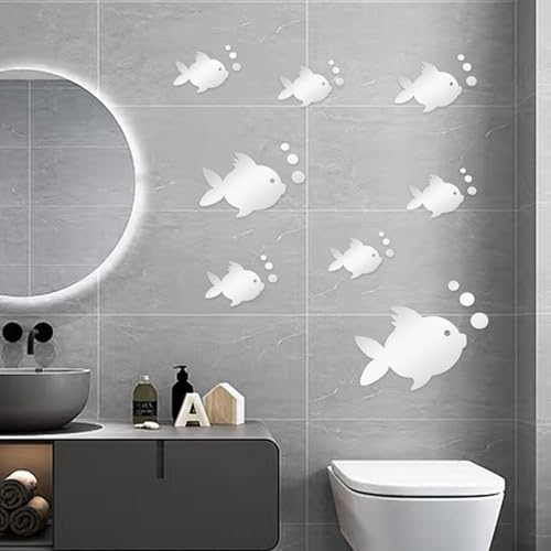 AINIUNIU 3D-Wandaufkleber Acryl Fische und Bubbles Mode Spiegel Wandaufkleber für Wohnzimmer Schlafzimmer Badezimmer Dekoration Silber von AINIUNIU