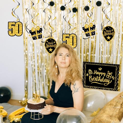 AINIUNIU 50.Geburtstag deko, 50. Geburtstag Deko Spiralen Set, Schwarz Gold 50. Geburtstag Hängend Wirbel Dekoration, für Geburtstag Frauen Mann, Geburtstag, Hochzeit, Jubiläum Partydeko (18 Artikel) von AINIUNIU