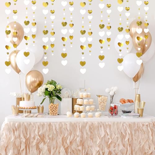 AINIUNIU 52Ft Gold und Weiß Herz Partyset Doppelseitig Metallisches Papier Banner Streamer, Hängend Herzgirlande für Verlobung Jahrestag Hochzeit Valentinstag Geburtstag Baby Dusche Dekoration von AINIUNIU