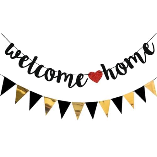 AINIUNIU Welcome Home Girlande Banner, Dreieck Flagge Banner Schwarzes Gold, Familie Aktivitäten Deko, Bunting Buchstaben Flags für Hochzeit Party Familie Festival Feier Haus Dekoration von AINIUNIU