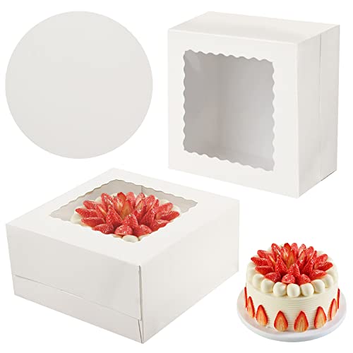 AINIUNIU Kuchenschachtel Pappe, 2 Stück Tortenschachtel mit Sichtfenster und Cake Board, Cupcake Box mit Großem Sichtfenster Fenster und Einsätzen 26 x 26 x 13 cm Weiß für Cupcake Transportbox von AINIUNIU