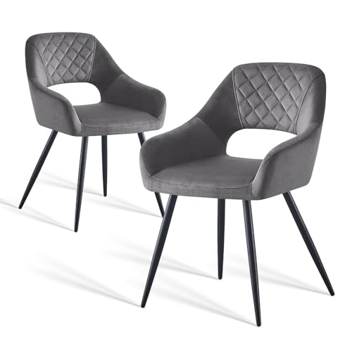 AINPECCA 2er-Set Samt Esszimmerstuhl mit Stoffbezug Gepolsterter Polsterstuhl mit Armlehnen Küchenstuhl mit offener Rückenlehne Metallbeine für Esszimmer Wohnzimmer Küche(2, grau) von AINPECCA