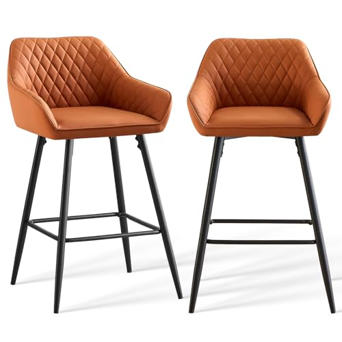 AINPECCA Barhocker 2er Set Barhocker Tresenhocker Bistrohocker mit Fußstütze, Rückenlehne, schwarzen Metallbeine und Sitzfläche aus Samt für Hausbar, Bistro und Counter (2, PU orange) von AINPECCA