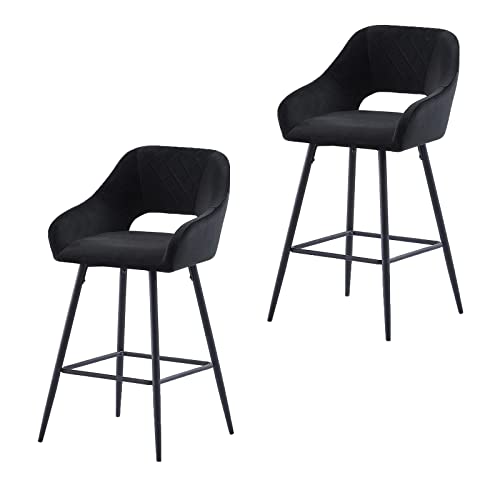 AINPECCA Barhocker 2er Set Schwarz Samt Barhocker Frühstück Barhocker mit Armlehnen Rückenlehnen Werkstatt Küche Barhocker Gepolsterter Sitz Metall Fußstütze für Zuhause Bar Theke Küche und Inseln von AINPECCA