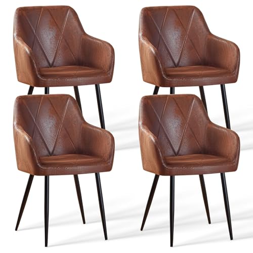 AINPECCA Esszimmerstühle 4er Set, Kunstleder Bezug mit Armlehnen, Rautenmuster, gepolsterte Sitzfläche, Metallgestell (120 kg pro Stuhl), für Esszimmer/Wohnzimmer(4, braun) von AINPECCA