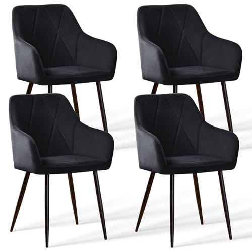 AINPECCA Esszimmerstühle 4er Set Küchenstuhl Samt Bezug Wohnzimmerstuhl mit Armlehnen, Rautenmuster, gepolsterte Sitzfläche, Metallgestell, für Esszimmer/Wohnzimmer (4, schwarz) von AINPECCA