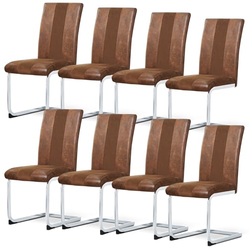 AINPECCA Freischwinger Stuhl mit Kunstleder Moderner Schwingstuhl mit hoher Rückenlehne Wohnzimmerstuhl Küchenstuhl mit Chromgestell und Fußstütze Bürostuhl für Esszimmer (8, PU Braun) von AINPECCA