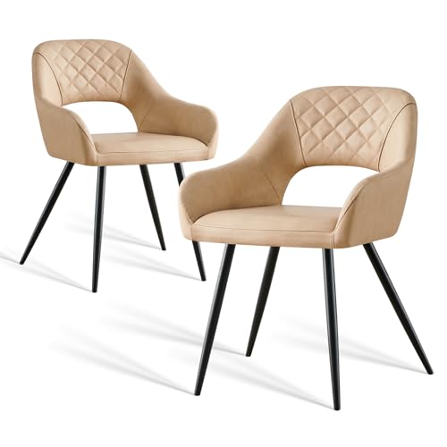 AINPECCA 2er-Set Kunstkeder Esszimmerstuhl mit Stoffbezug Gepolsterter Polsterstuhl mit Armlehnen Küchenstuhl mit offener Rückenlehne Metallbeine für Esszimmer Wohnzimmer Küche (2, Beige) von AINPECCA