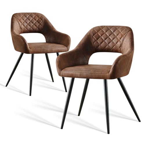 AINPECCA 2er-Set Kunstkeder Esszimmerstuhl mit Stoffbezug Gepolsterter Polsterstuhl mit Armlehnen Küchenstuhl mit offener Rückenlehne Metallbeine für Esszimmer Wohnzimmer Küche (2, Braun) von AINPECCA
