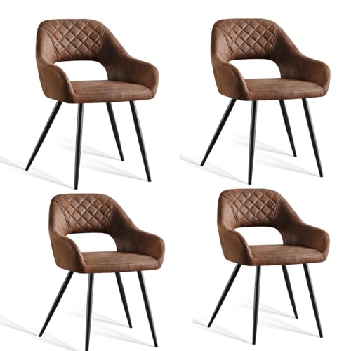 AINPECCA 4er-Set Kunstkeder Esszimmerstuhl mit Stoffbezug Gepolsterter Polsterstuhl mit Armlehnen Küchenstuhl mit offener Rückenlehne Metallbeine für Esszimmer Wohnzimmer Küche (4, Braun) von AINPECCA