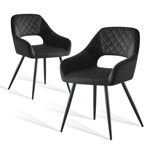 AINPECCA 2er-Set Samt Esszimmerstuhl mit Stoffbezug Gepolsterter Polsterstuhl mit Armlehnen Küchenstuhl mit offener Rückenlehne Metallbeine für Esszimmer Wohnzimmer Küche (2, Schwarz) von AINPECCA