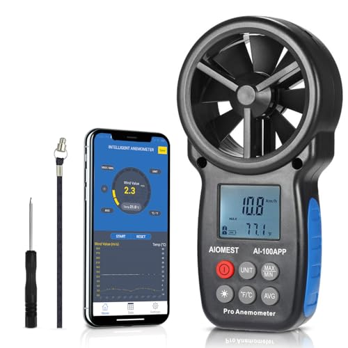 AIOMEST Bluetooth Anemometer Windmessgerät mit App, Portable Luftgeschwindigkeit Messgerät AI-100APP mit Data Logger, RLT-Anlage Windmesser Luftstrommessgerät Tragetasche von AIOMEST