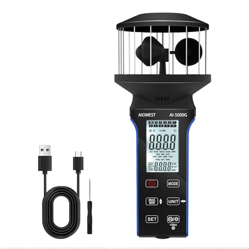 AIOMEST Digital Anemometer Handheld, 4 Cups 360° Wind Speed Meter, ±5% Hoher Genauigkei Windmesser Windmessgerät mit Temp (℃/℉), MAX/AVG für Schießen, Segeln, Surfen, Drohne, AI-5000G von AIOMEST