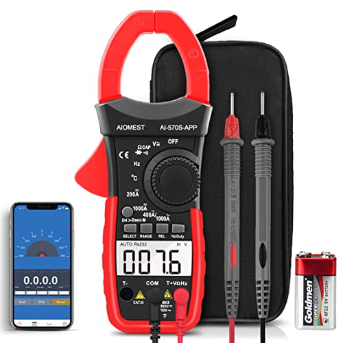 AIOMEST Strommesszange Bluetooth Clamp Meter 570S-APP Digital Multimeter, Zangenmessgerät mit 6000 Counts Auto-Raging Stromzange für AC/DC Spannung Strom, Durchgang Widerstand Kapazität von AIOMEST
