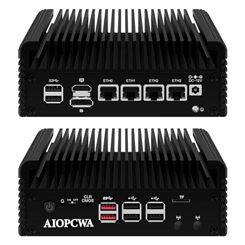 AIOPCWA Core i3 N305 Firewall Mini PC Octa Core, 4 x 2.5 GBE i226V LAN Fanless Router Computer, DDR5 16 GB RAM 128 GB NVMe SSD, Micro Firewall Appliance, Support Windows OPNsense, TF Card Slot von AIOPCWA