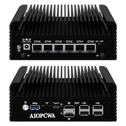 AIOPCWA Core i3 N305 Firewall Mini PC Octa Core, 6 x 2.5 GBE i226V LAN Fanless Router Computer, Barebone, Micro Firewall Appliance, Support Windows OPNsense, TF Card Slot von AIOPCWA