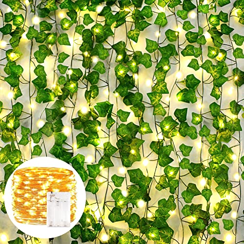 AIOR 12 Stück Efeu Künstlich Girlande Künstliche Pflanzen mit 100 LED-Licht, 200cm Hängend Fake Efeugirlande für Garten Hochzeit Balkonp Party Wanddekoration Aesthetic Room Decor von AIOR
