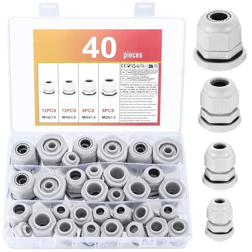 40 Stück Kabelverschraubung Set, M12 M16 M20 M25 IP68 Kabeldurchführung Wasserdichte Kunststoff Nylon Kabelverschraubungen für Outdoor Garten Kabel Schaltkasten Abzweigkasten Verteilerkasten von AIOUHMYM