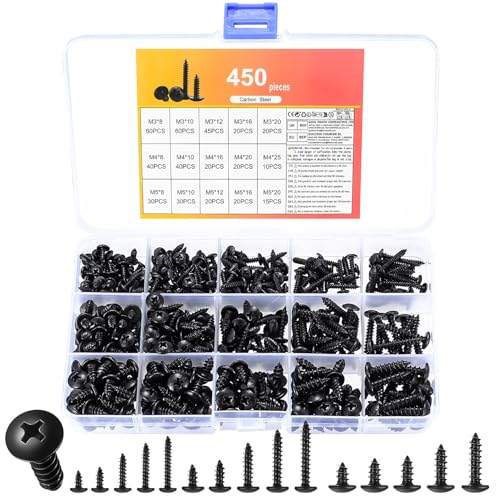 450 Stück M3 M4 M5 Blechschrauben Selbstschneidend Schrauben Schwarz, KFZ Karosserieschrauben Set, Schwarze Rundkopf Flachkopfschrauben Holzschrauben für Akustikpaneele Auto Schutzblechen Stoßstange von AIOUHMYM