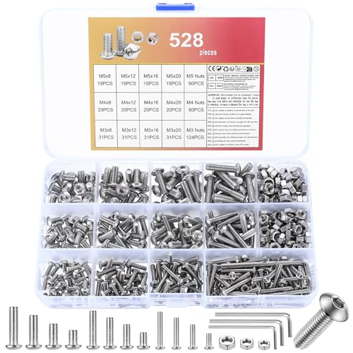 528 Stück M3 M4 M5 Schrauben Set, Innensechskantschrauben Muttern Set, Linsenkopfschrauben Sortiment, Edelstahl Sechskantschrauben mit Muttern Set, Rundkopf Maschinenschrauben Gewindeschrauben Set von AIOUHMYM