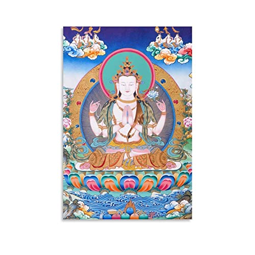 AIPHE Foto Auf Leinwand Chenrezig Buddha Tibetische Thangka Papier Kühler Geschenkidee Poster Leinwand Wandkunst Bilder für Schlafzimmer Wandkunst Geschenke Dekor 30x50cm Kein Rahmen von AIPHE