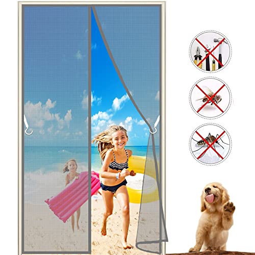 Magnet Fliegengitter Balkontür 90x205 cm Insektenschutz Fliegennetz Klettband Selbstklebend Magnetisches Moskitonetz HäNde Frei, für Terrassentür Balkontür, 2023-Version Grau von AIPPEI