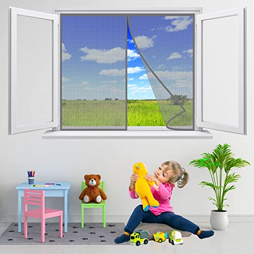 Magnet Fliegengitter Fenster Insektenschutz, 95x115 cm Magnetvorhang für BalkonFenster, Wohnzimmer, KellerFenster, TerrassenFenster, Kinderleichte Klebemontage Ganz Ohne Bohren, Grau P von AIPPEI