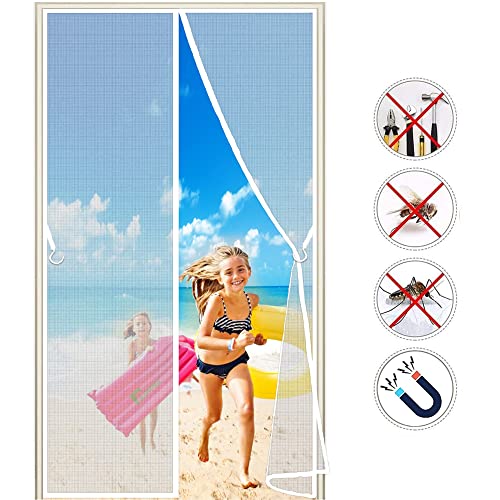 Magnetische Fliegengittertüren 100x210 cm Insektenschutz Magnet Fliegen Gitter Vorhang Fliegenvorhang für Balkontür Wohnzimmer Klettband Fassung, 2023-Version Weiß von AIPPEI