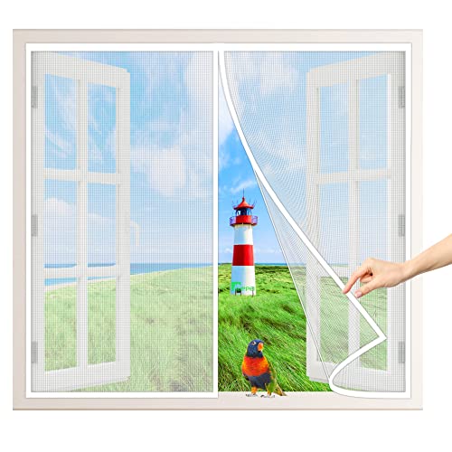 Magnetvorhang Fenstervorhang Schutzgitter, 155x110 cm strapazierfähige, selbstversiegelnde NetzgitterFenster mit Magneten mit windfester Schnalle, Weiß P von AIPPEI