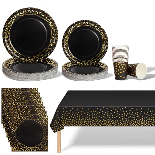 141Stück Schwarzesgold Partygeschirr,Partyzubehör Pappteller Set,Wiederverwendbar ​Papier Geschirr Set einschließlich Tischdecke Teller Becher Servietten zum Geburtstag,Hochzeiten,Jubiläums(20 Gäste) von AIPartywar