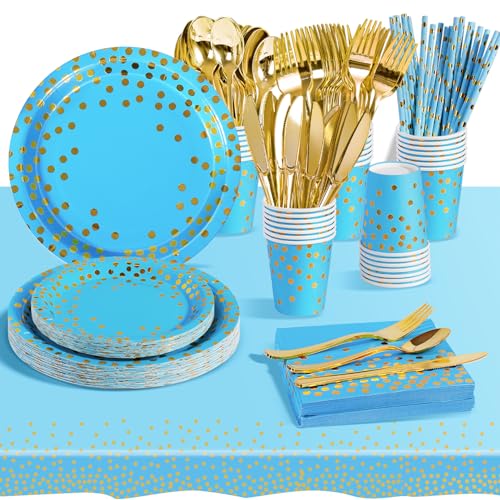 AIPartywar Partygeschirr Kindergeburtstag 226 Stück Hellblau Gold Pappteller Mädchen Party Geschirr Set Geburtstagdeko mit Pappbecher, Pappteller, Tischdecke, Servietten und mehr 25 Gäste von AIPartywar