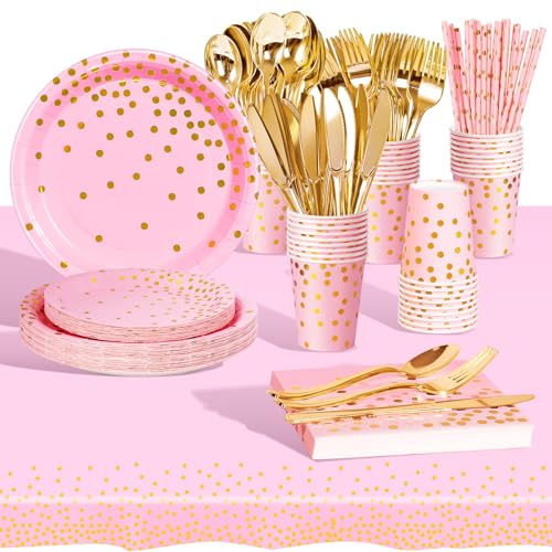 AIPartywar Partygeschirr Kindergeburtstag 226 Stück Rosa Gold Pappteller Mädchen Party Geschirr Set Geburtstagdeko mit Pappbecher, Pappteller, Tischdecke, Servietten und mehr 25 Gäste von AIPartywar