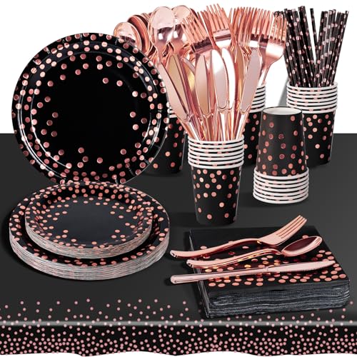 AIPartywar Partygeschirr Kindergeburtstag 226 Stück Schwarz Rose Gold Pappteller Mädchen Party Geschirr Set Geburtstagdeko mit Pappbecher, Pappteller, Tischdecke, Servietten und mehr 25 Gäste von AIPartywar
