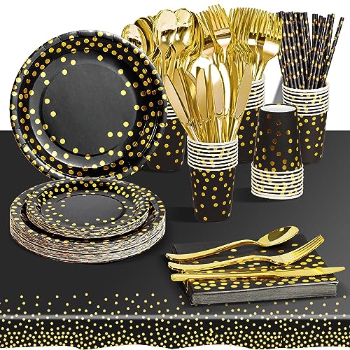 AIPartywar Partygeschirr Kindergeburtstag 226 Stück Schwarzesgold Pappteller Mädchen Party Geschirr Set Geburtstagdeko mit Pappbecher, Pappteller, Tischdecke, Servietten und mehr 25 Gäste von AIPartywar