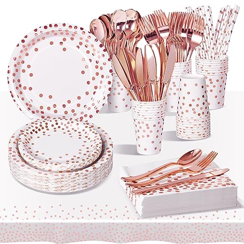 AIPartywar Partygeschirr Kindergeburtstag 226 Stück Weiß Rosagold Pappteller Mädchen Party Geschirr Set Geburtstagdeko mit Pappbecher, Pappteller, Tischdecke, Servietten und mehr 25 Gäste von AIPartywar